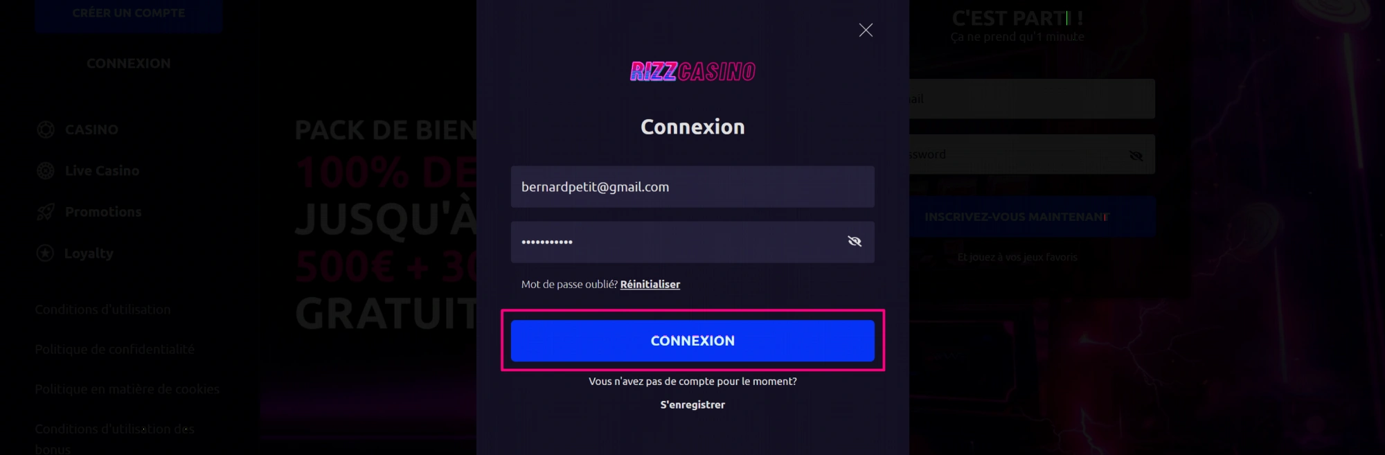 Interface de connexion et inscription Rizz Casino